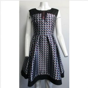 NWT BEATRICE blue/maroon geometric printed dress